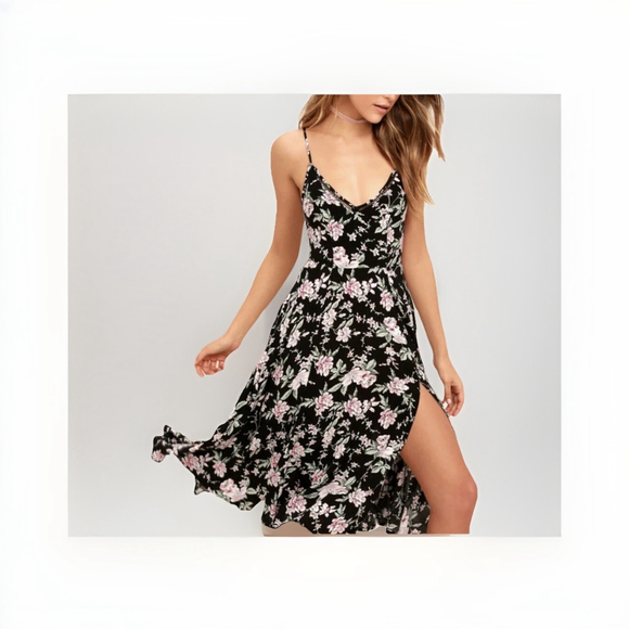 Lulus Esperanza Black Floral Print Midi Dress Small - Picture 2 of 9